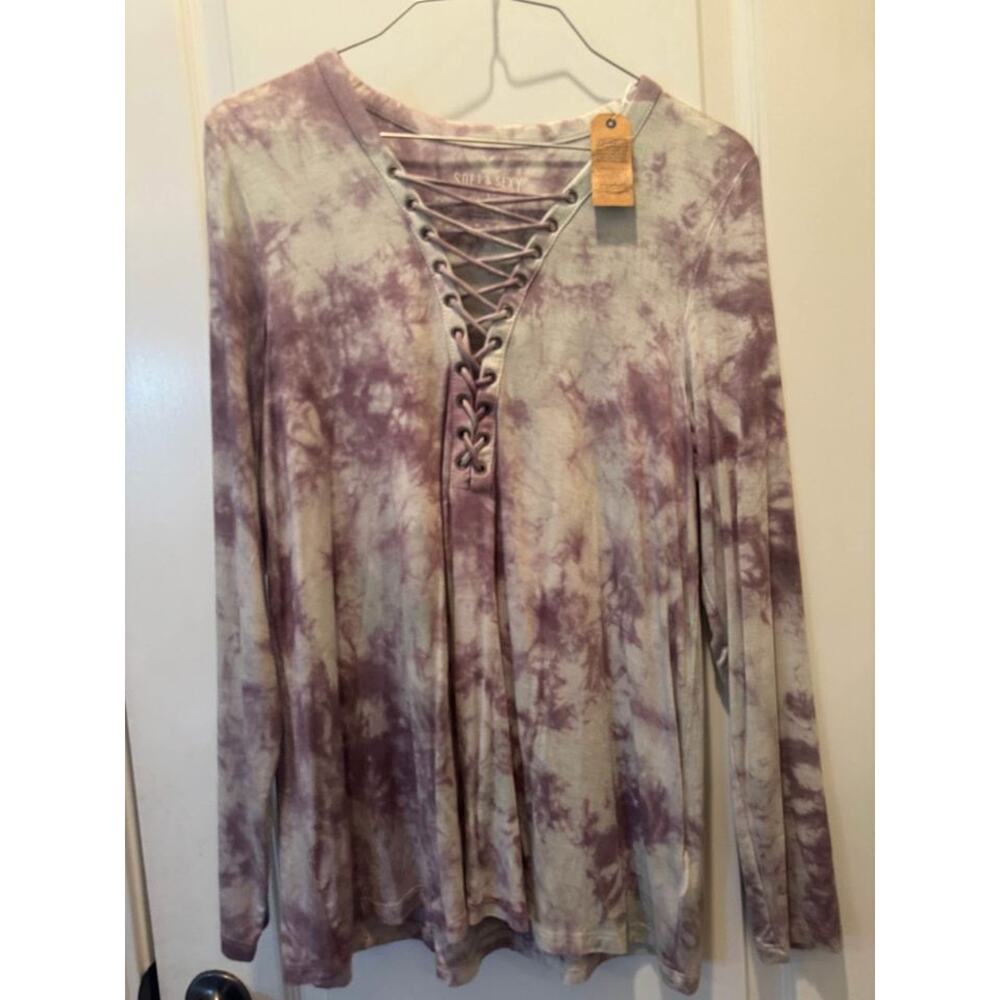 American Eagle Med Top Lace-Up Tie-Dye Purple Gray Long Sleeve Stretch T-Shirt